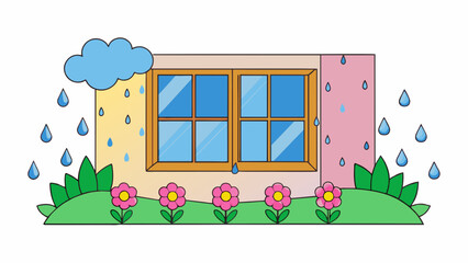 Poster - The rain was gentle and steady tapping against the windows with a soothing rhythm. The flowers in the garden were weighed down by the water their. Cartoon Vector