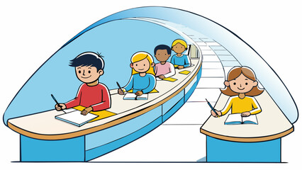 Poster - The students sat at long curved desks their pens and notebooks spread out in front of them. The ceiling above was adorned with a grid of bright. Cartoon Vector