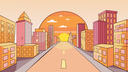 Poster - The sun hangs low in the sky casting a warm glow over the cityscape. The buildings are washed in shades of orange and pink their windows reflecting. Cartoon Vector