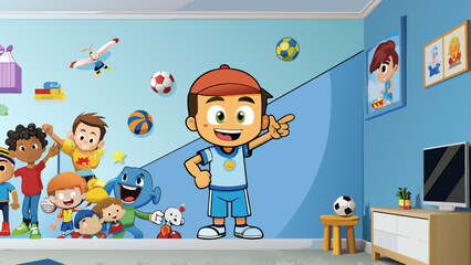 Poster - The wall of a childs bedroom is covered in posters of their favorite cartoon characters and sports teams. The surface is smooth painted in a light. Cartoon Vector