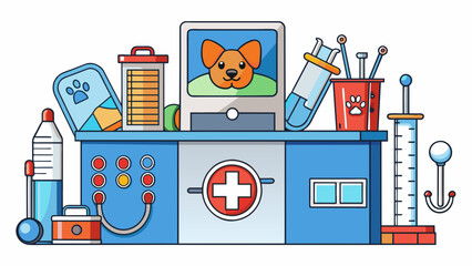 Fototapete - Veterinarian A veterinarians office is filled with medical tools and equipment used to treat animals. These can include stethoscopes syringes xray. Cartoon Vector
