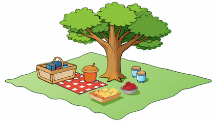Fototapete - Underneath the shade of a large tree a picnic blanket is spread out on the grass. The afternoon sun filters through the leaves creating a dappled. Cartoon Vector