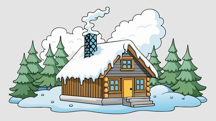 Aufkleber - Winter A cozy cabin nestled in a snowy forest smoke curling from the chimney into a gray sky. The ground is blanketed in fresh white snow and icicles. Cartoon Vector