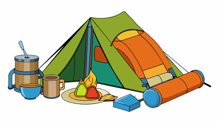 Poster - When going on a camping trip a minimum amount of gear would include a tent sleeping bag and basic cooking supplies.. Cartoon Vector