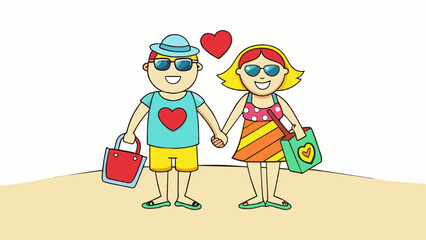 Aufkleber - Walking hand in hand on the beach the couple wore matching flip flops with a e heart design. She carried a brightly colored tote bag filled with. Cartoon Vector