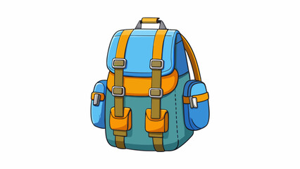 Poster - A backpack A sy waterproof bag with multiple pockets and adjustable ss for carrying belongings while hiking or traveling.. Cartoon Vector