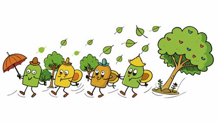 Fototapete - Windy The trees are swaying back and forth as a strong wind blows through the area. Leaves and debris are flying through the air making it difficult. Cartoon Vector