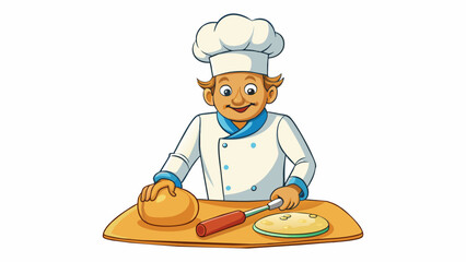 Fototapete - A baker kneading a ball of dough on a floured surface pressing and rolling it with their hands to create a smooth and elastic texture. The dough. Cartoon Vector