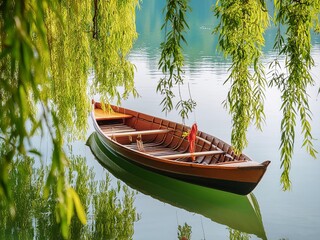 Canvas Print - In the green willow tree, there is an ancient wooden boat on the calm lake surface. 