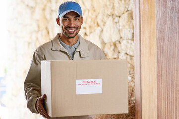 Poster - Portrait, doorway and delivery man with package, box and smile with courier, customer parcel and ecommerce. Face, person and employee with service, cargo from supply chain and shipping with cardboard