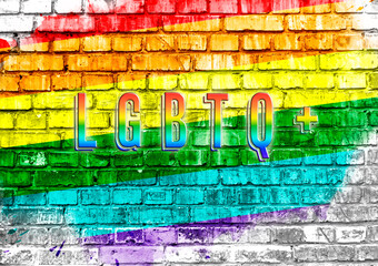 Poster - A rainbow colored brick wall with the word LGBT written on it