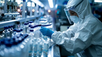 Wall Mural - A laboratory technician in protective gear meticulously inspects a production line of medical vials, ensuring quality control in a pharmaceutical facility