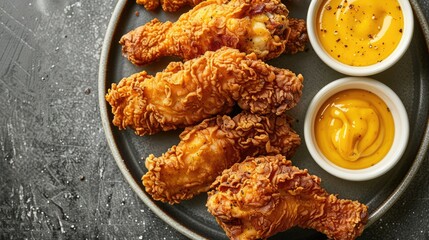 Sticker - Top-down shot of fried chicken tenders, arranged beautifully on a plate with a side of honey mustard.