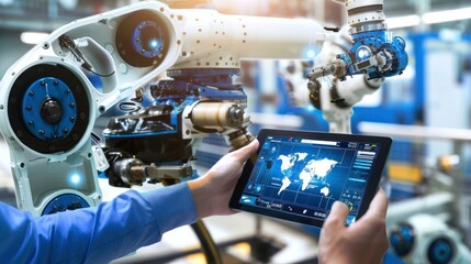 Poster - Engineer hand using tablet with machine real time monitoring system software. Automation robot arm machine in smart factory automotive industrial Industry 4th iot , digital manufacturing operation.
