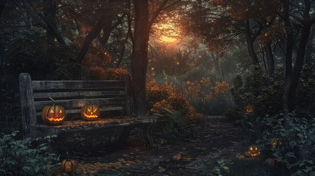 A spooky forest sunset with a haunted evil glowing eyes of Jack O' Lanterns on the left of a wooden bench on a scary halloween night
