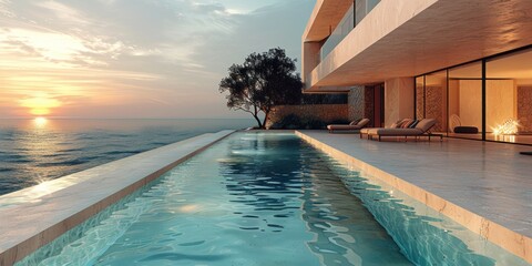 A vast swimming pool located next to the ocean, offering a unique blend of freshwater relaxation and stunning seaside views