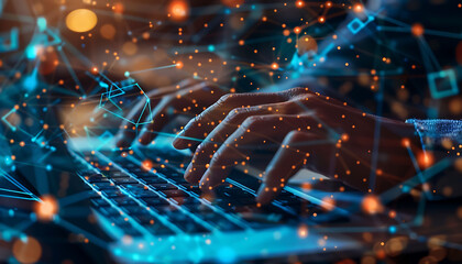 Close-up of a software engineer's hands working on a laptop with a digital overlay of global connections and binary code, showcasing the integration of advanced technology in IT support