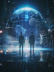 Poster - global hologram, business people and digital transformation with scifi, cyberpunk or information tec