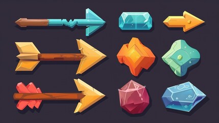 Poster - Bright collection of stylized arrows and gems for game design, isolated on dark background