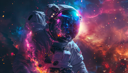 Wall Mural - a colorful astronaut is reaching out to a glowing cloud of colorful gas by ai generated image