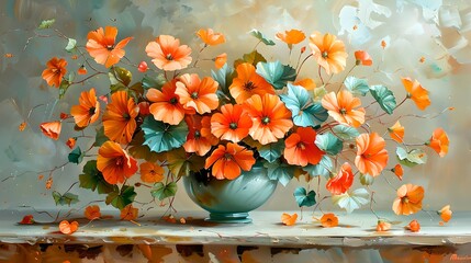 Poster - Vibrant floral bouquet in elegant vase. Bright orange and green hues. Beautiful decorative art for home decor and design. AI