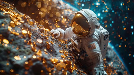 a futuristic astronaut discovers gold in outer space, surrounded by shimmering particles and an expa