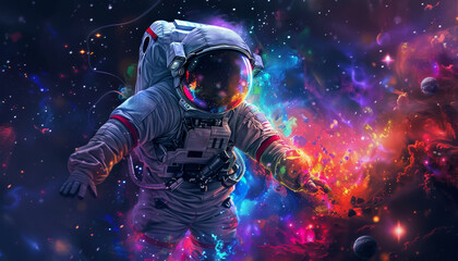 Wall Mural - a colorful astronaut is reaching out to a glowing cloud of colorful gas by ai generated image