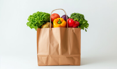 Healthy Eating. Healthy vegan vegetarian food in an eco paper bag. Vegetables and fruits on the table. copy space, banner. Supermarket. Shopping and clean vegan food concept.