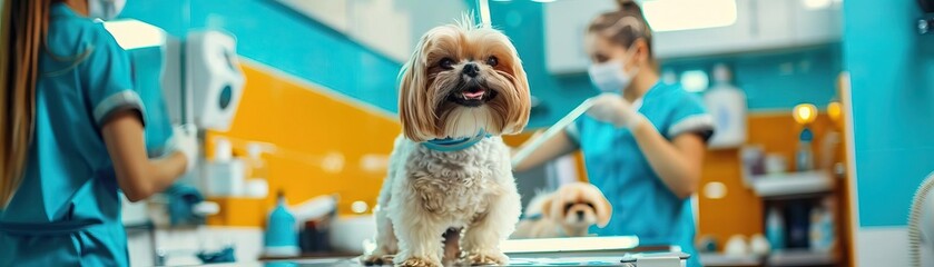 Wall Mural - Editorialstyle image of a cheerful pet grooming session, with happy pets and smiling groomers in a brightly lit, professional setting