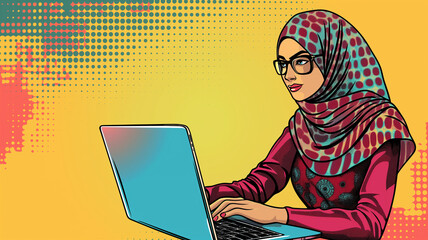 Pop art and business concept. Muslim woman in hijab working on laptop background retro comic style. 