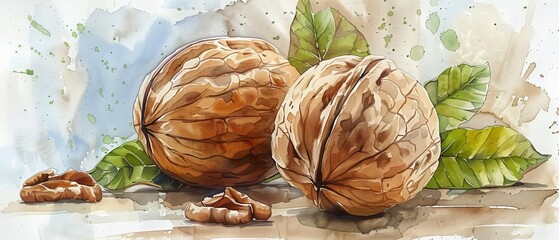 Juglans regia English walnut Fruit in Stunning Watercolor.
