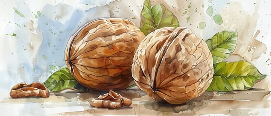 Wall Mural - Juglans regia English walnut Fruit in Stunning Watercolor.