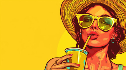 Wall Mural - Pop art tourist woman in sunglasses and hat drinking juice on isolated yellow background retro comic style. Social media brochure magazine cover background. Copy paste area for text
