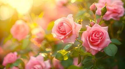 Poster - Beautiful pink roses in full bloom. Close-up shot with soft sunlight. Perfect for romantic and nature-themed projects. AI