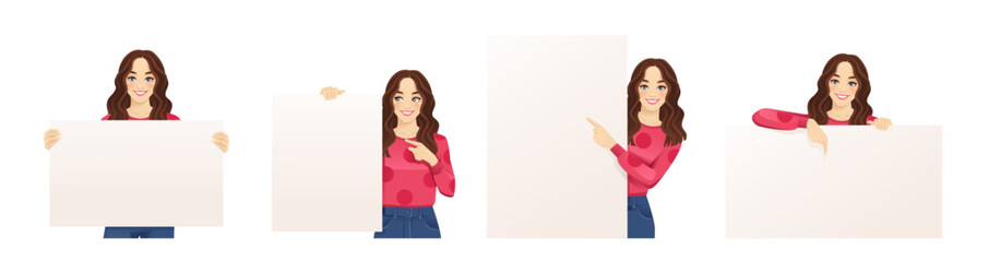 Wall Mural - Young beautiful woman with curly hair holding pointing to the empty blank board. Isolated vector illustration collection