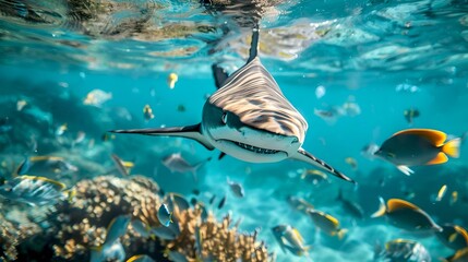 Wall Mural - Underwater Marvel: A Graceful Shark Glides Amongst Colorful Fish. Vibrant Marine Life Captured in Crisp Detail. A Dive into Ocean's Beauty with a Predatory Twist. Stock Image Ready. AI