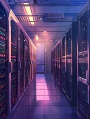 Poster - server room data center. backup, mining, hosting, mainframe and computer rack with storage informati