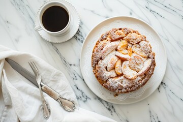 Sticker - A whole coffee cake presented on a pristine white platter, set upon a sleek white marble tabletop.