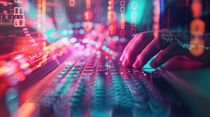 Poster - hands typing on computer keyboard, with abstract code, online cyber attack, hack, threats and breaches Network concept, cyber technology