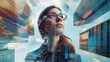 © GulArt - Double exposure photo collage with a business woman in eyeglasses and skyscraper buildings with colorful graphic elements