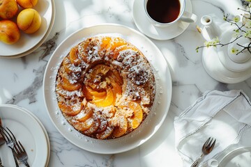 Canvas Print - peach coffee cake on a white plate, on a white marble table