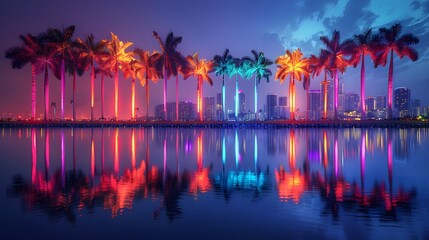 Wall Mural - Palm trees illuminated by colorful lights at night, with reflections shimmering in the water below, creating a magical and enchanting atmosphere. List of Art Media Photograph inspired by Spring