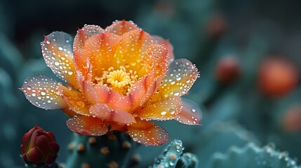 Wall Mural - Close-up of a cactus flower covered in raindrops, glistening in the sunlight after a desert rain shower, highlighting the beauty of nature's delicate balance. List of Art Media Photograph inspired by