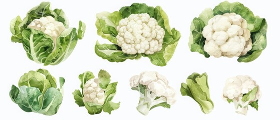 A set of watercolor representations of creamy cauliflowers, a versatile organic vegetable, Clipart isolated with a white background