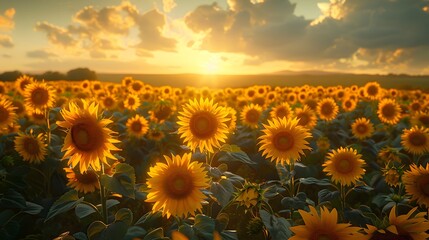 Wall Mural - A sunflower farm at golden hour, with the low sun casting a warm glow over the field and creating a picturesque scene. List of Art Media Photograph inspired by Spring magazine