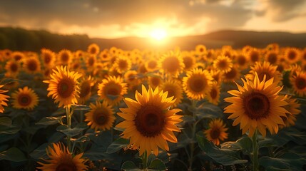 Wall Mural - A field of sunflowers at sunrise, with the first light of dawn painting the petals in shades of gold and orange. List of Art Media Photograph inspired by Spring magazine