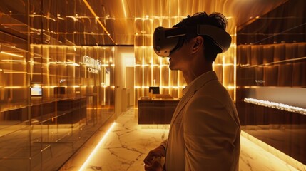Poster - A man immersed in virtual reality with a headset on, surrounded by dim lighting.