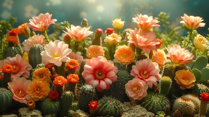 Wall Mural - A cactus garden in full bloom, with a variety of colorful flowers and spiky succulents arranged in a desert landscape, creating a striking and unique display. List of Art Media Photograph inspired by