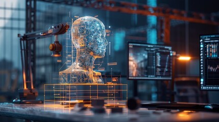 Poster - A robot head positioned on top of a computer screen, showcasing a futuristic and technological concept.
