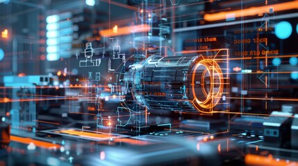 Poster - A camera positioned in front of a digital background, capturing the futuristic environment through its lens.